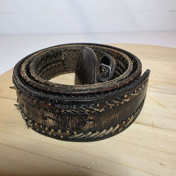 Vintage Distressed Leather Belt & Buckle Oval Shaped Buckle W Letter H Size 38 - Picture 14 of 15